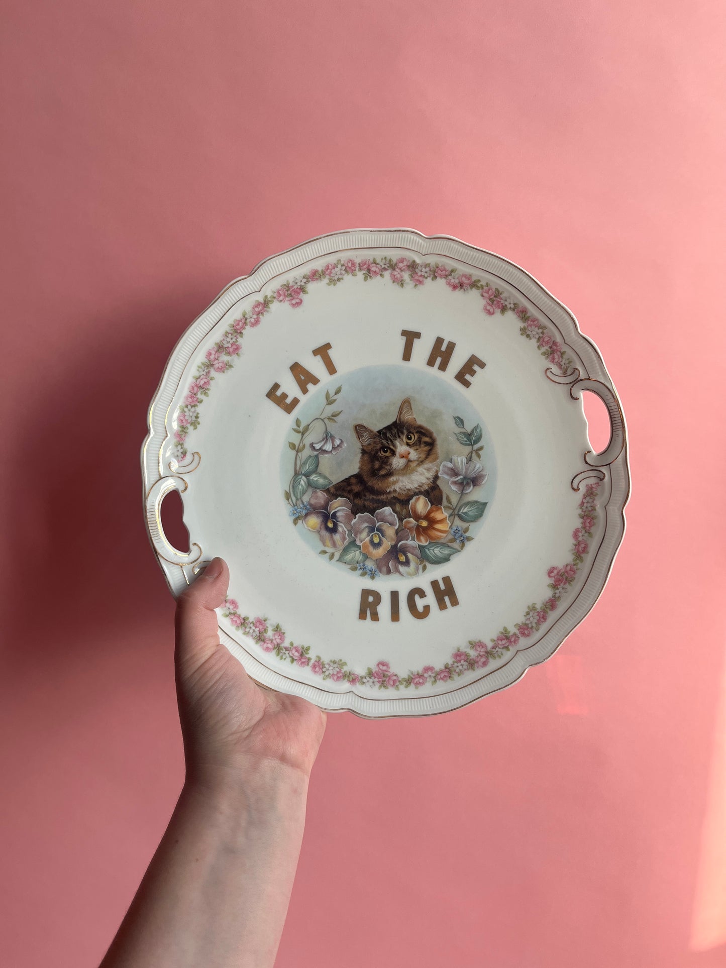 Thrifted Gold: Eat the Rich cat plate
