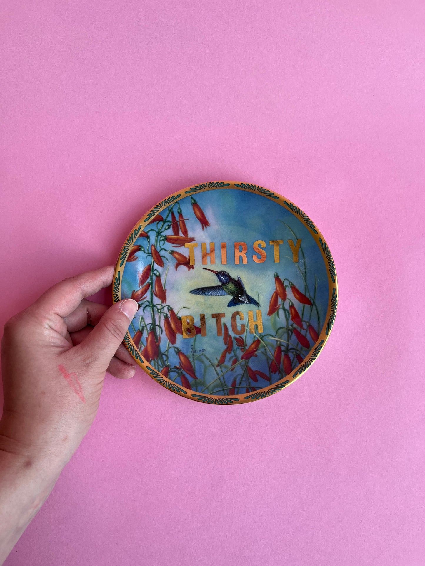 Thrifted Gold: "Thirsty Bitch" Hummingbird Plate