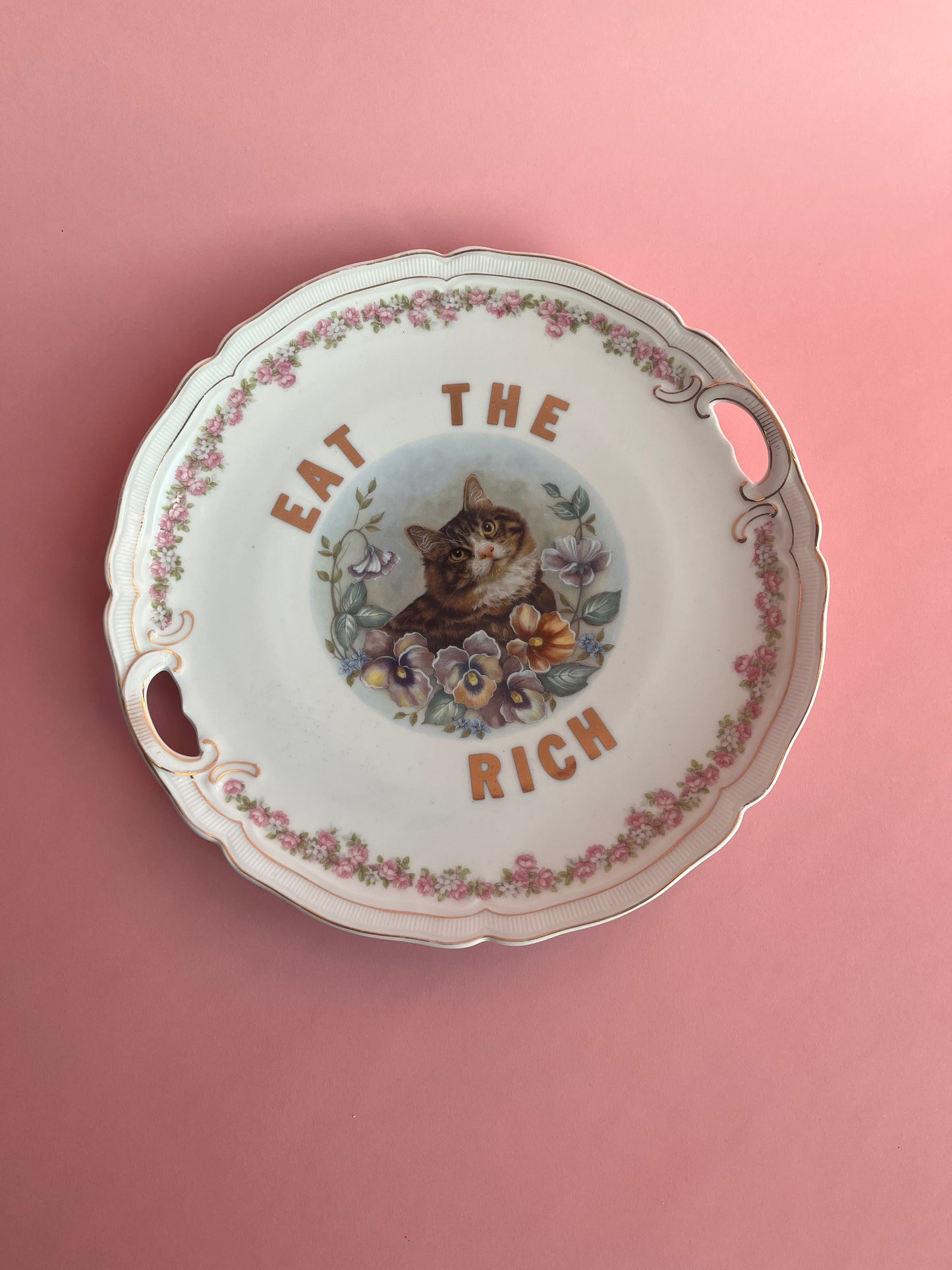 Thrifted Gold: Eat the Rich cat plate