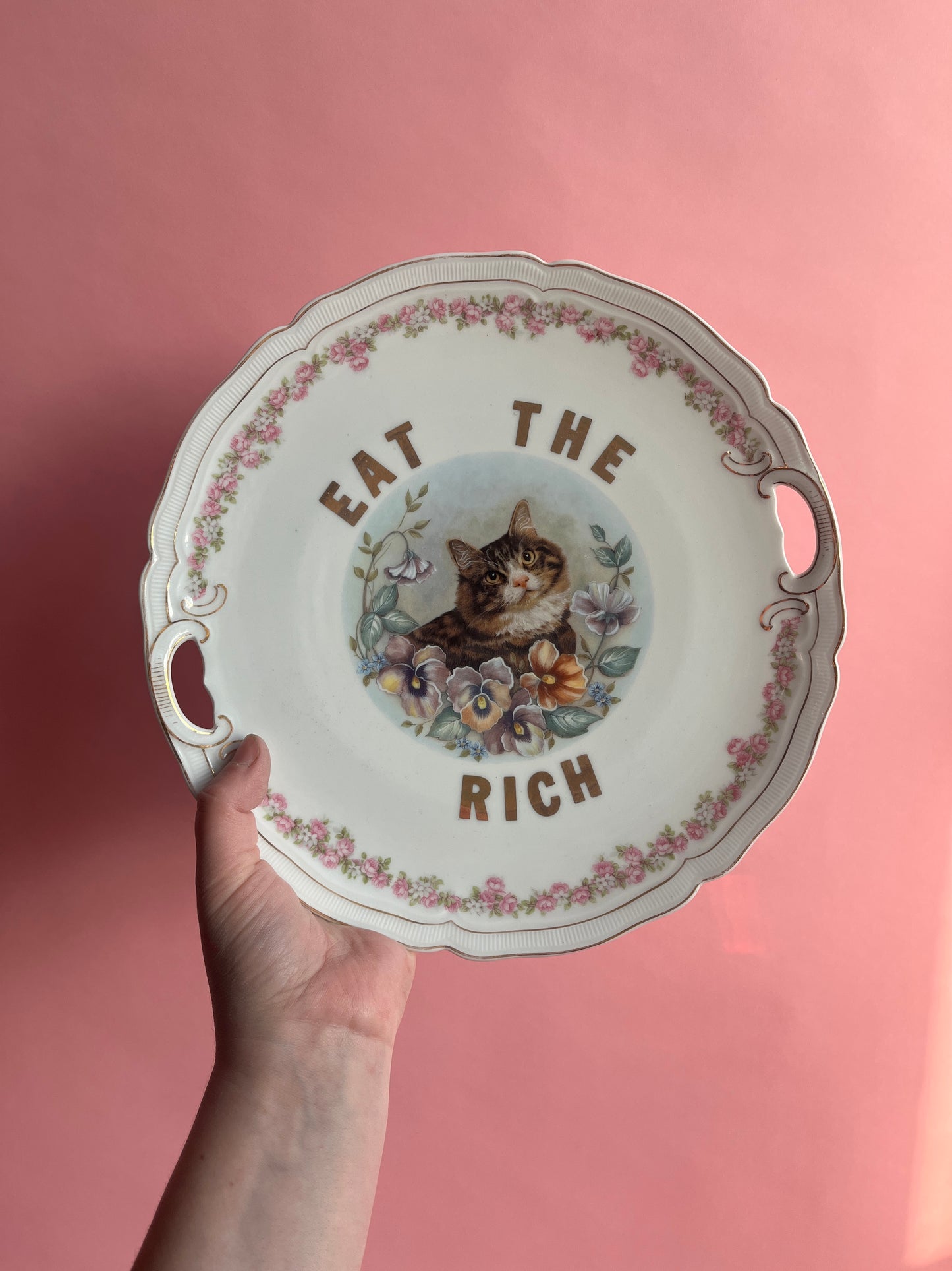 Thrifted Gold: Eat the Rich cat plate