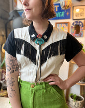 Load image into Gallery viewer, Cowgirl Bolo, Blue fringe/Red hat
